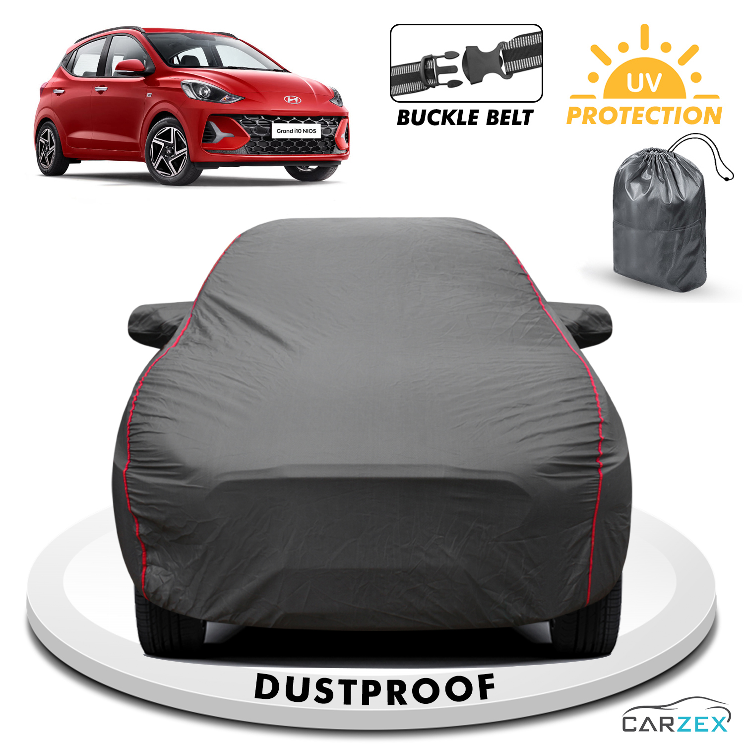 Carzex 2x2 Heavy Duty Red Border Car Body Cover Without Antenna For Hyundai Grand i10 Nios